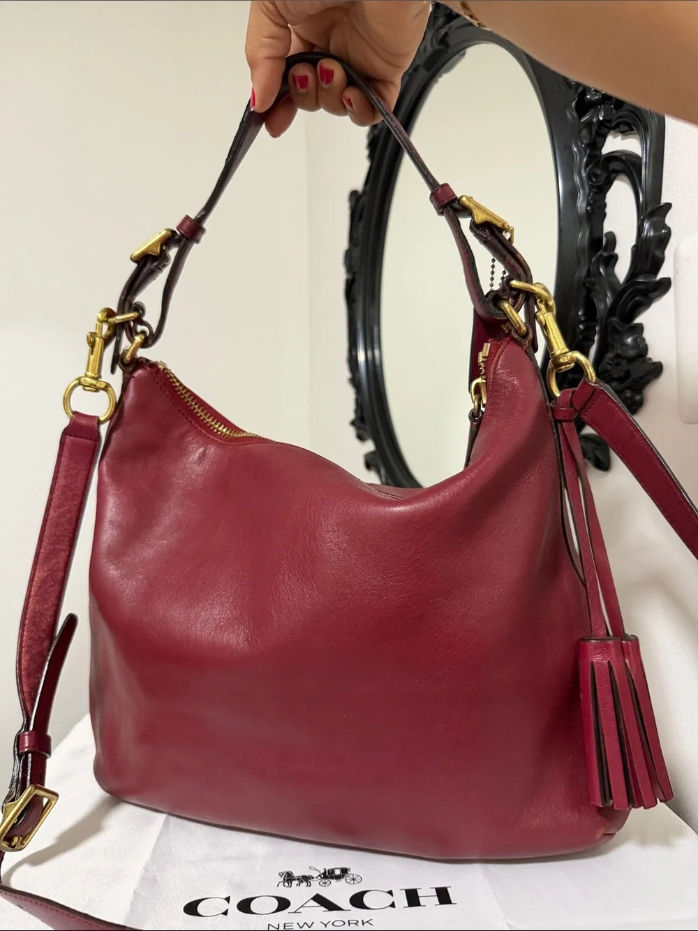 Coach 22381 Burgundy Leather Shoulder Bag with Tassel /long strap🎀